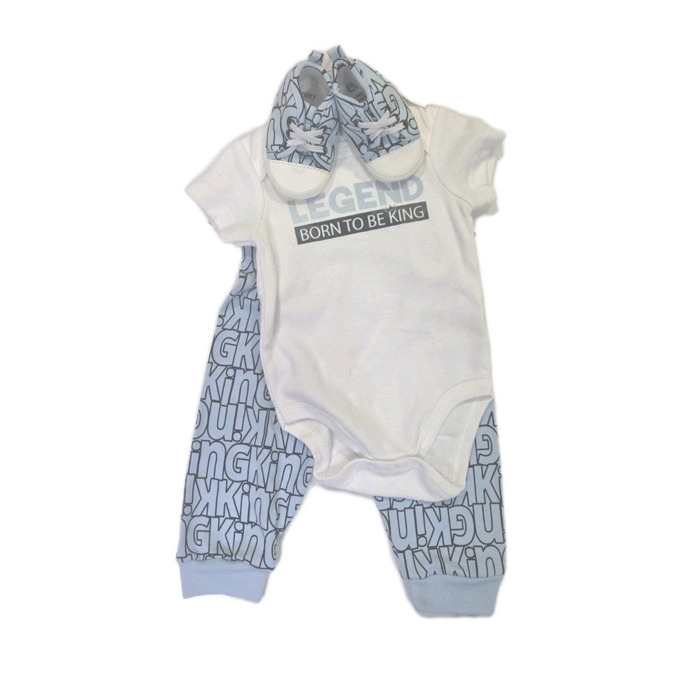 EPlay‎ Baby Blue & White 3-Piece Onepiece & Pants Set 6m-9m With Shoes